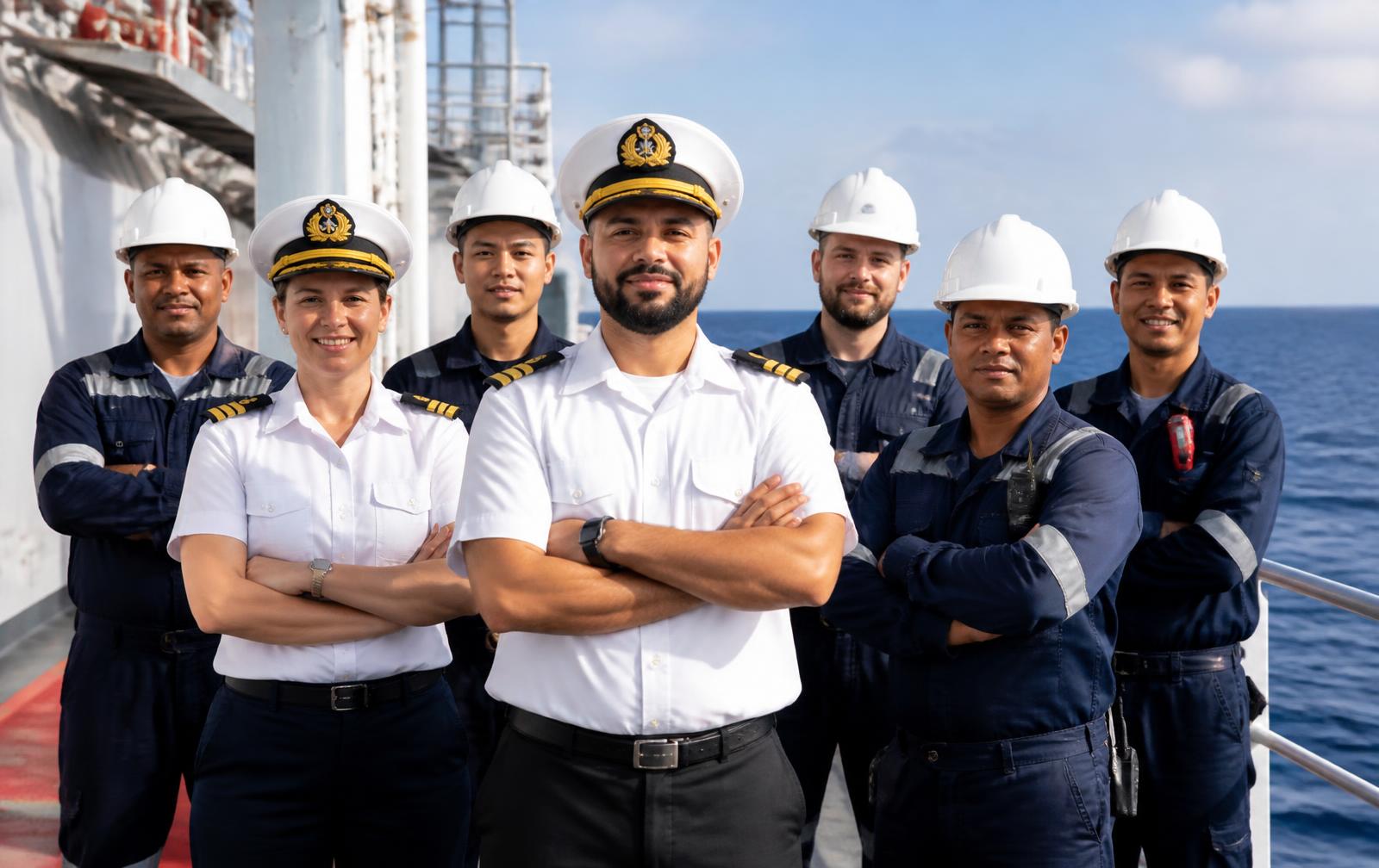 Ship officers and ratings standing together on deck