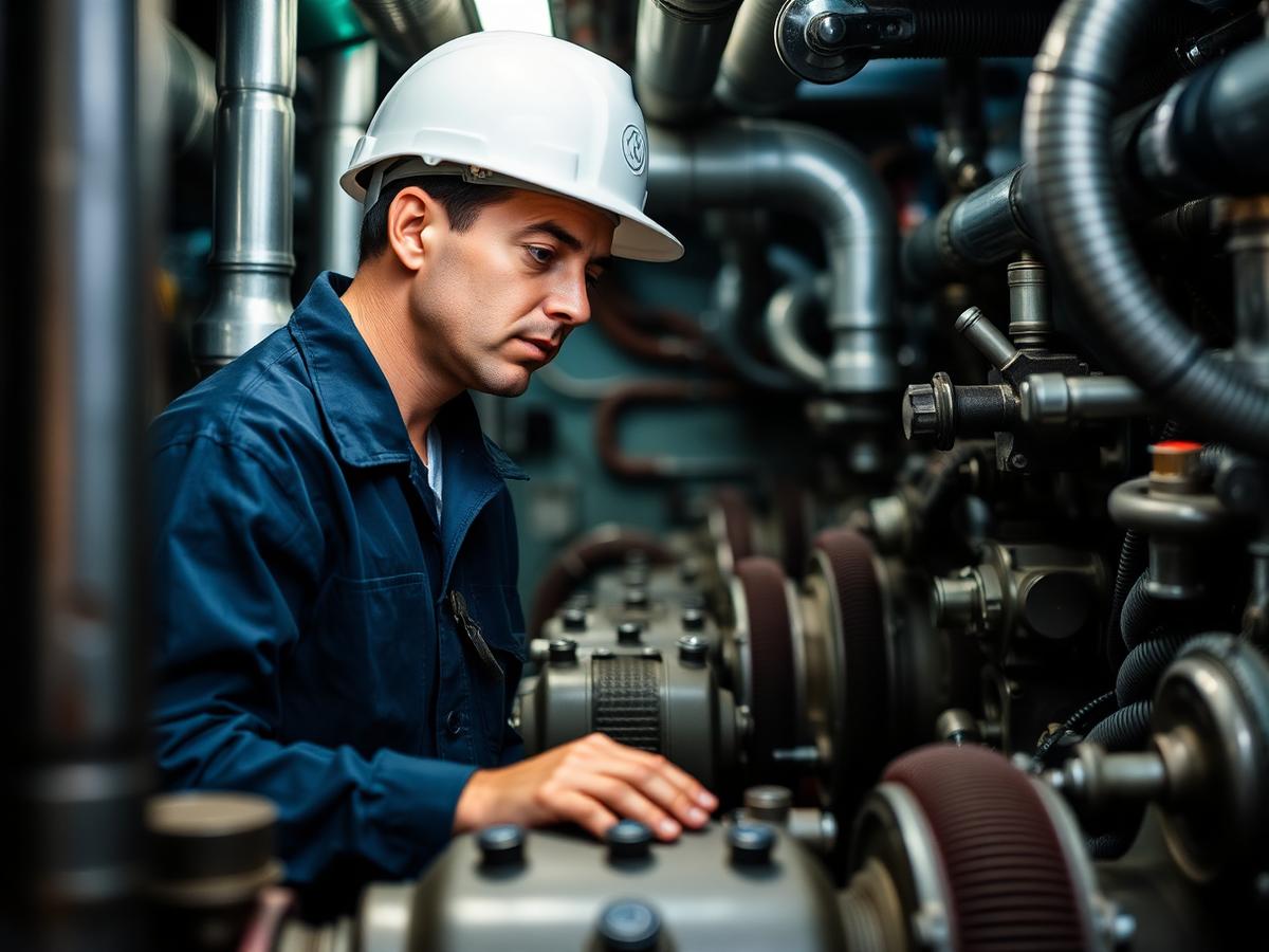 Marine engineer working in a ship engine room